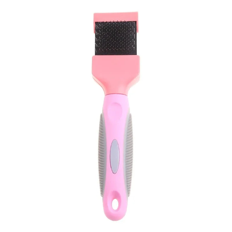 Double-sided pet brush with stainless steel pins and ABS plastic handle in blue or pink colour options