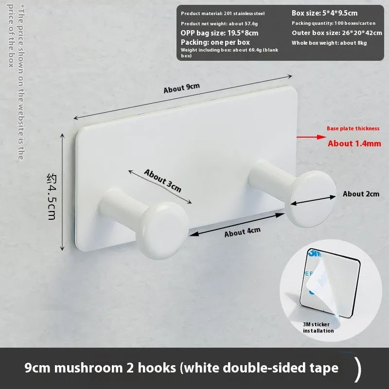 Screwless wall mounted clothes hook rack with mushroom head hooks in 3-hook configuration