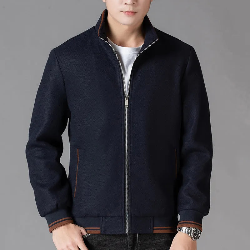 Men's grey autumn woolen fleece jacket in sports style with long sleeves and stick pocket