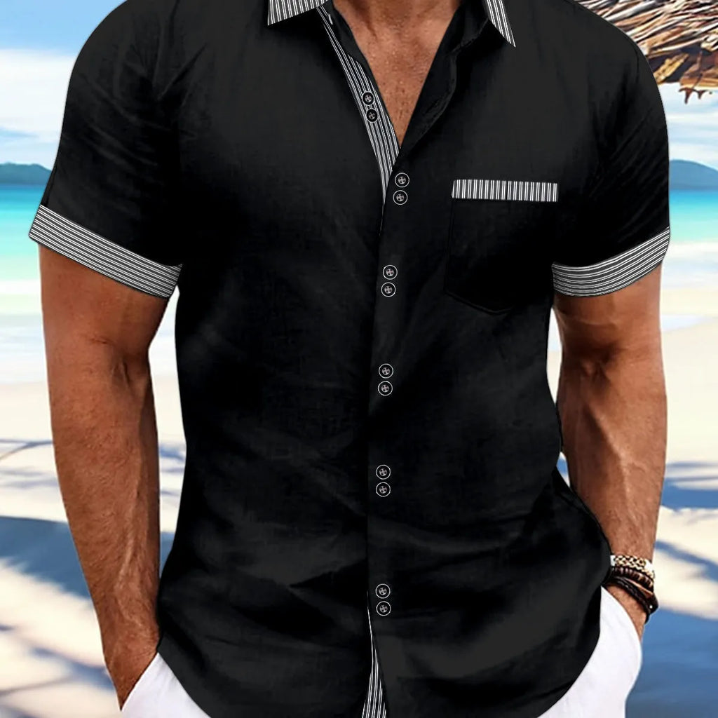 Men's pure cotton striped slim fit casual shirt with double-button short sleeves in light blue colour