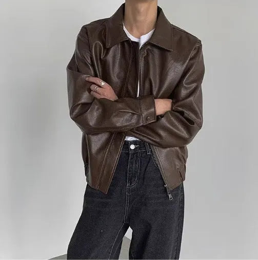 Brown PU leather jacket with straight hem, Korean-style couple hip-hop top