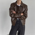 Brown PU leather jacket with straight hem, Korean-style couple hip-hop top