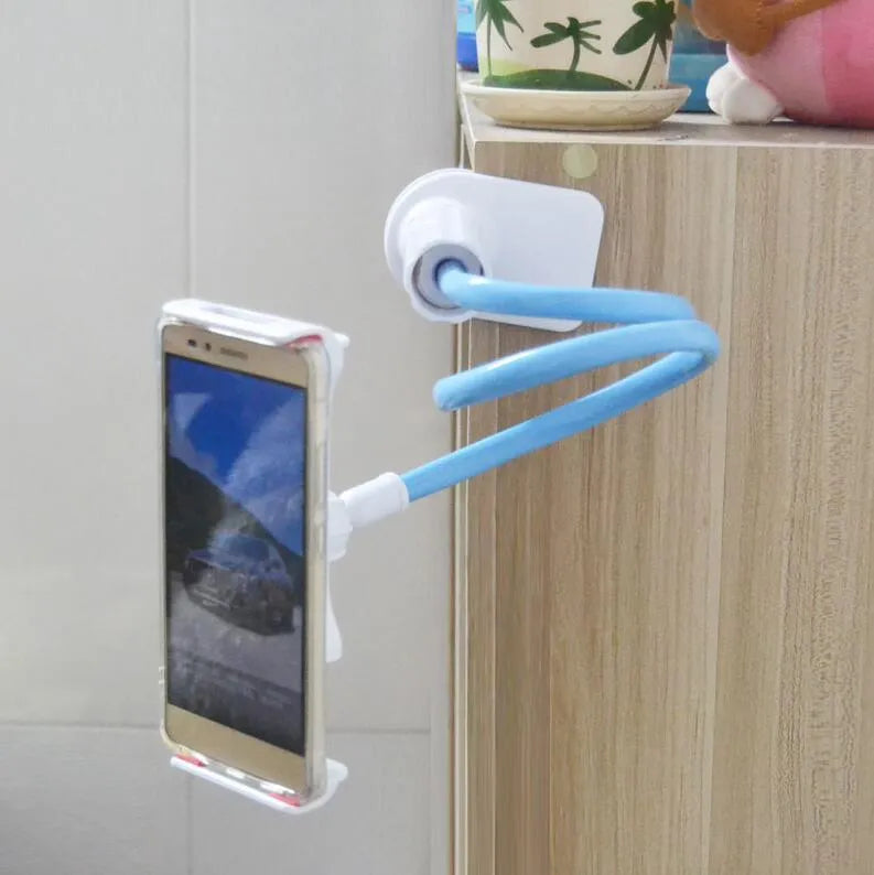 Black bedside phone holder with long arm mounted on a wooden table