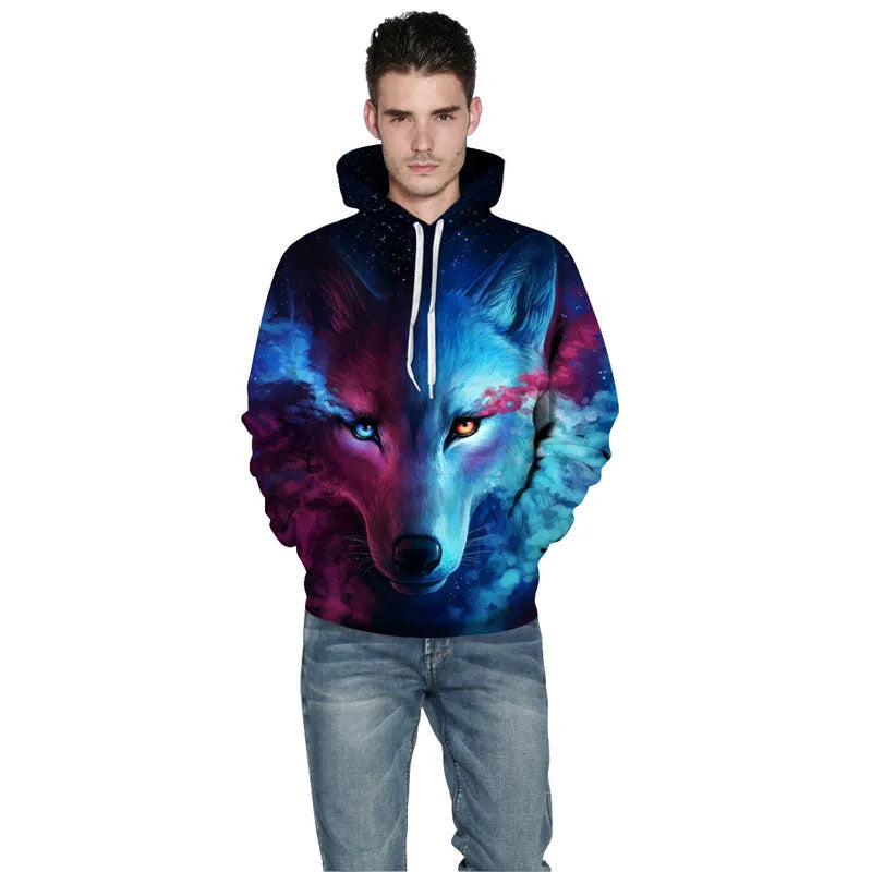 Mr 1991INC space galaxy sweatshirt with wolf print on front, available in sizes S to 5XL for men and women
