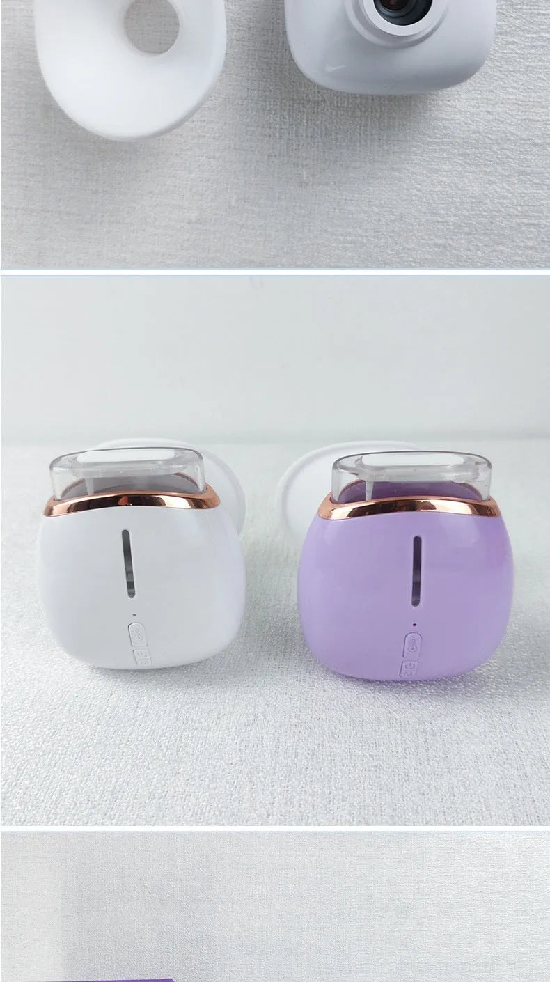 Portable eye humidifier device in purple colour with USB charging cable for dry eye relief