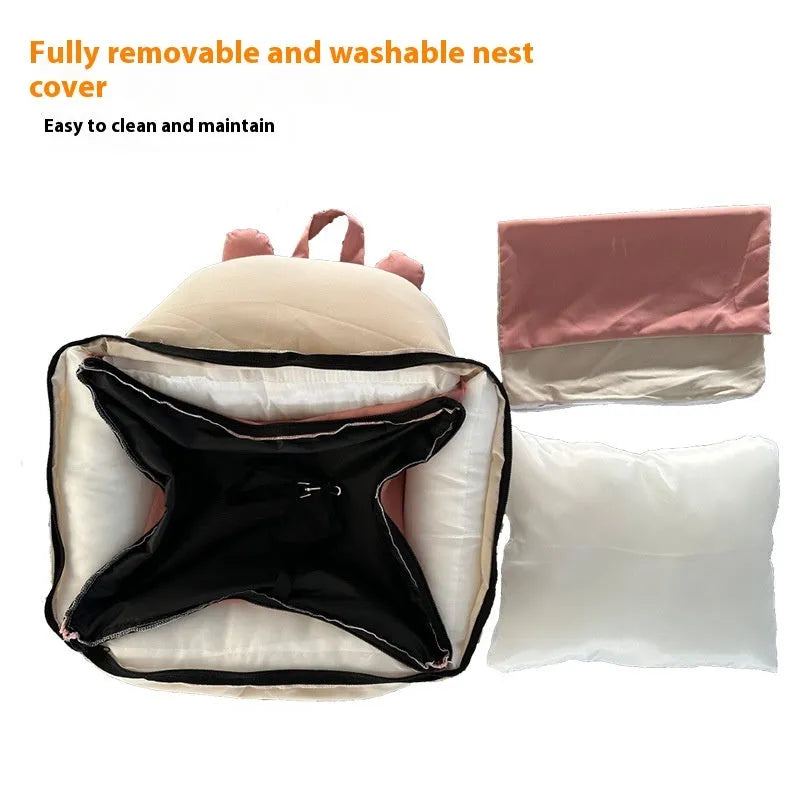 Removable and washable dog car kennel in beige, showing medium and large size options.