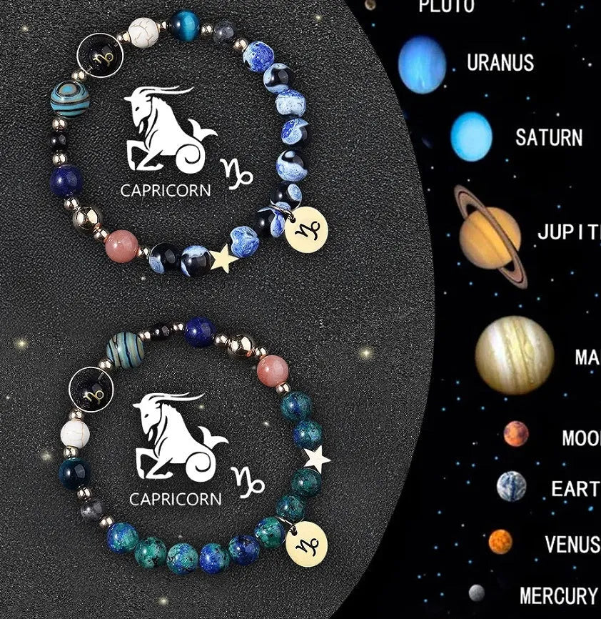 Set of two natural stone beaded bracelets with zodiac sign charms on an adjustable cord.