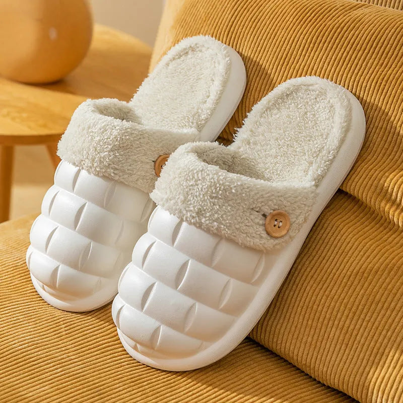 Plaid pattern detachable slippers with EVA sole and plush lining, shown in pink colour.