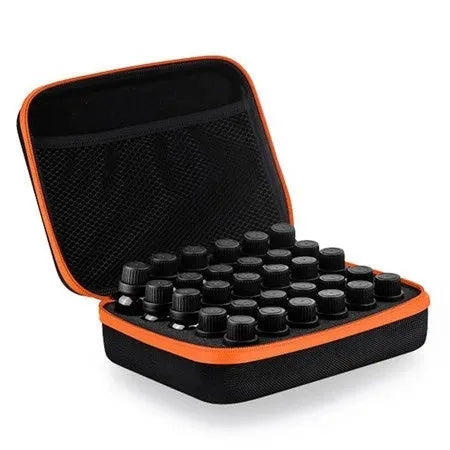 Red EVA essential oil storage bag with 30 compartments open to show bottle slots.