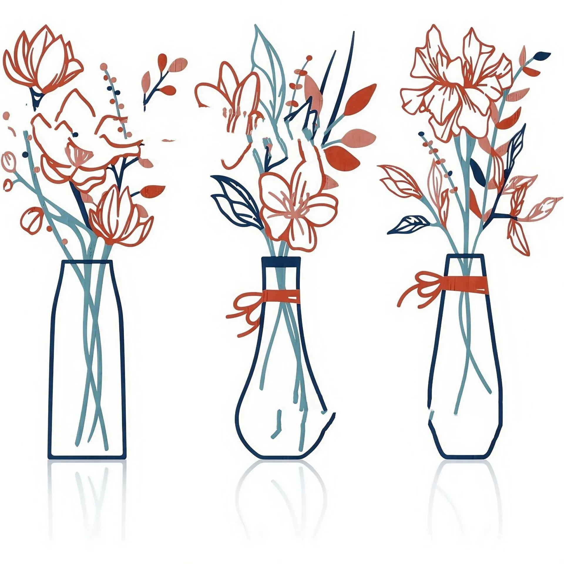 Set of three modern metal flower and vase wall art decorations in a choice of four colours.