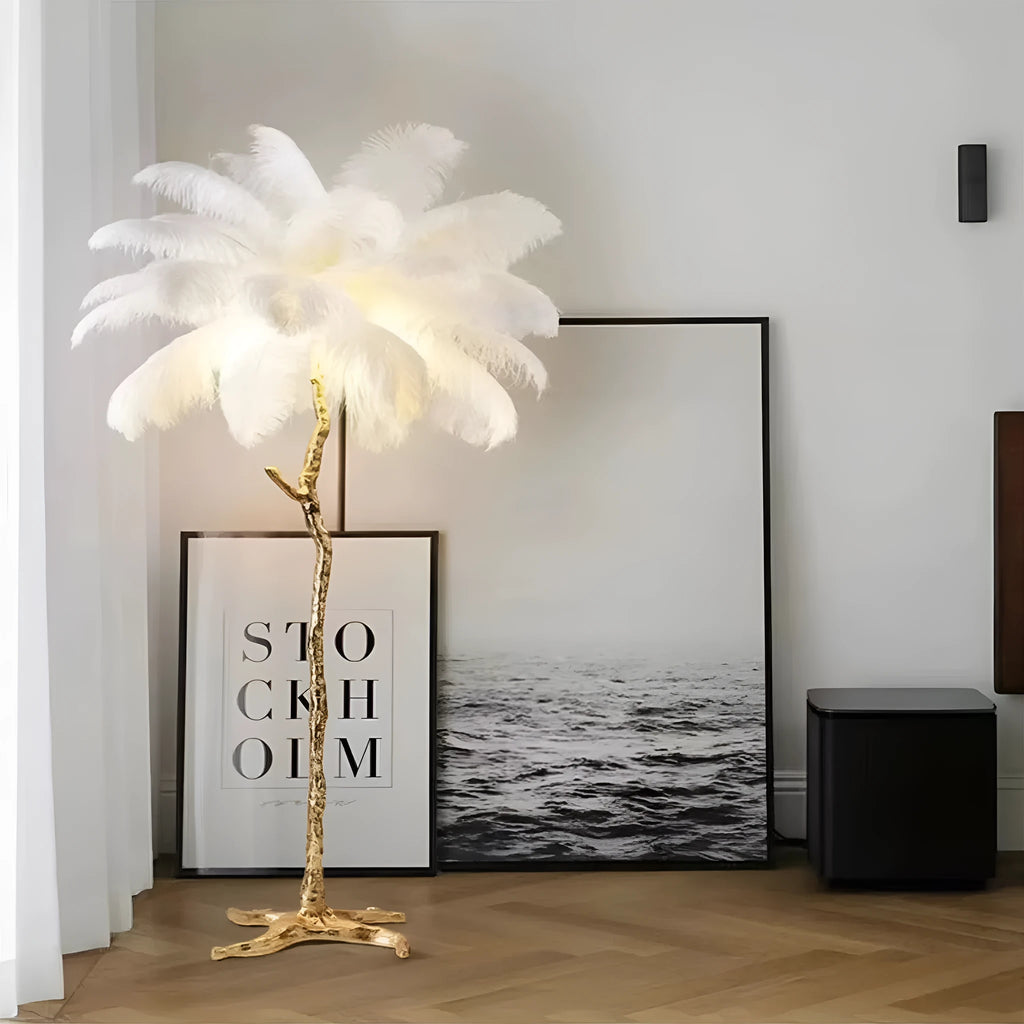 Tall resin feather floor lamp with a choice of white, pink or dark green feathers on a substantial base.