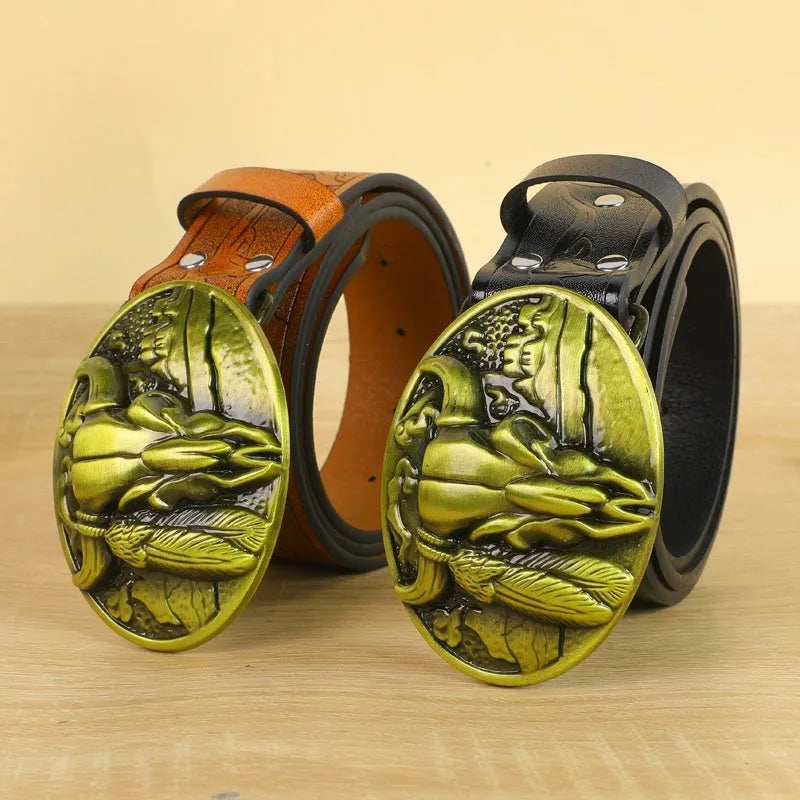 Cow head buckle men's imitation leather belt in black and brown colour options showing decorative alloy buckle detail