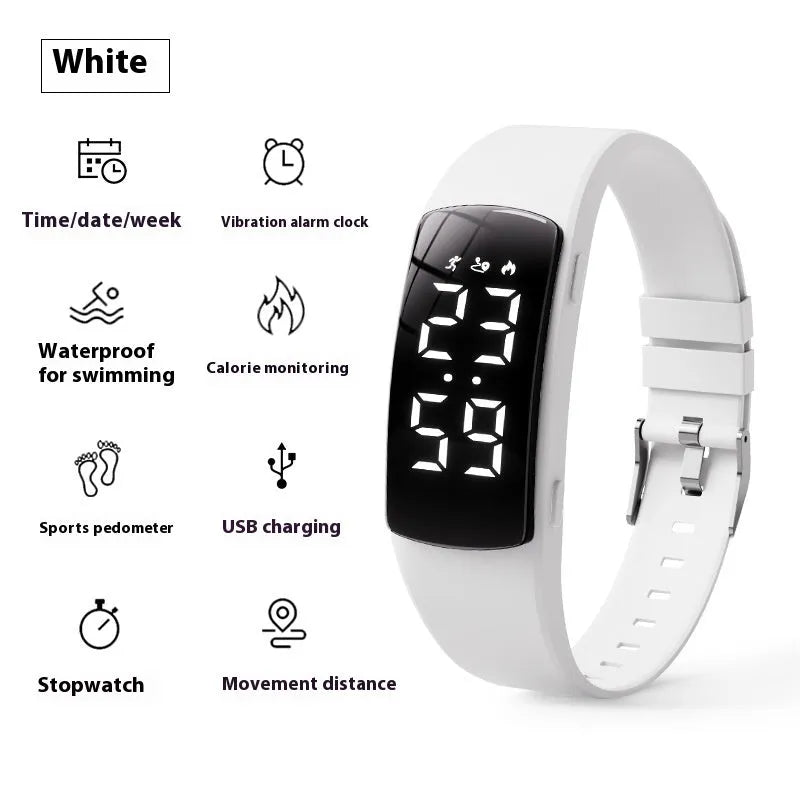Vibration alarm smart watch with coloured silicone strap and LED display on wrist