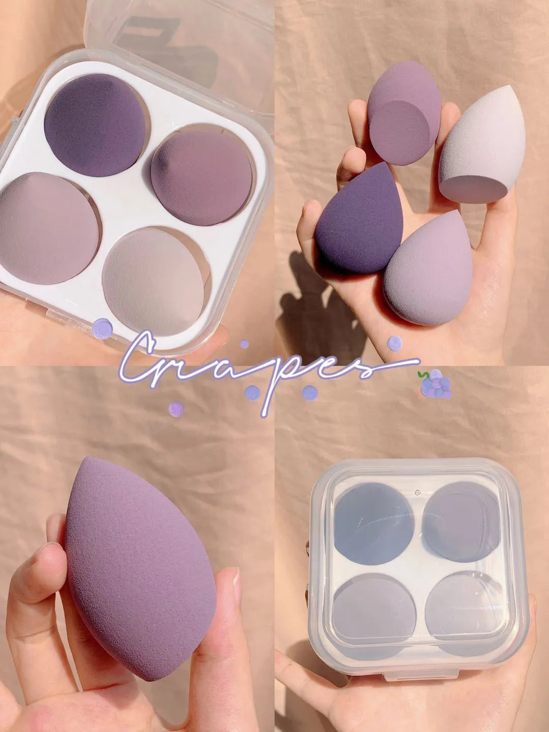 Four synthetic sponge makeup egg applicators in Grape, Mango, Mint, and Peach peach colours.