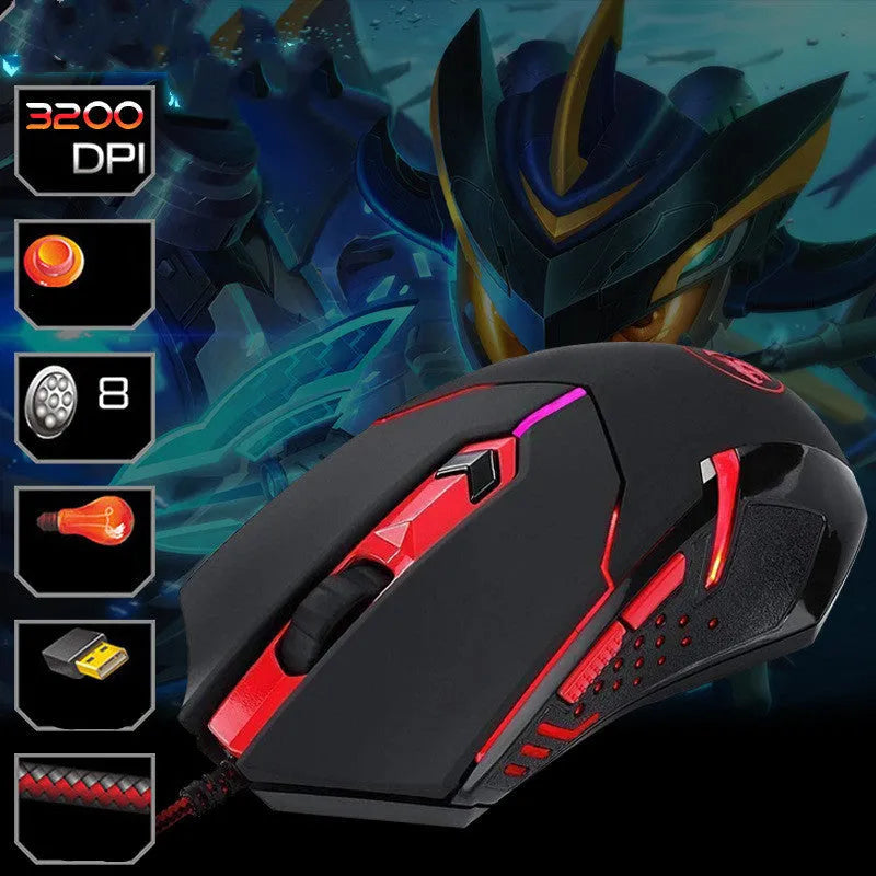 Black red USB wired gaming mouse with six buttons on ergonomic design