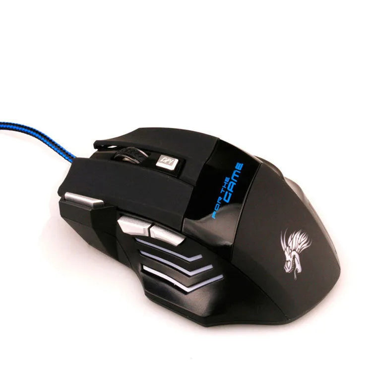 Black USB gaming mouse with colourful light, 6 buttons, nylon braided cable, Tyrannosaurus Rex design