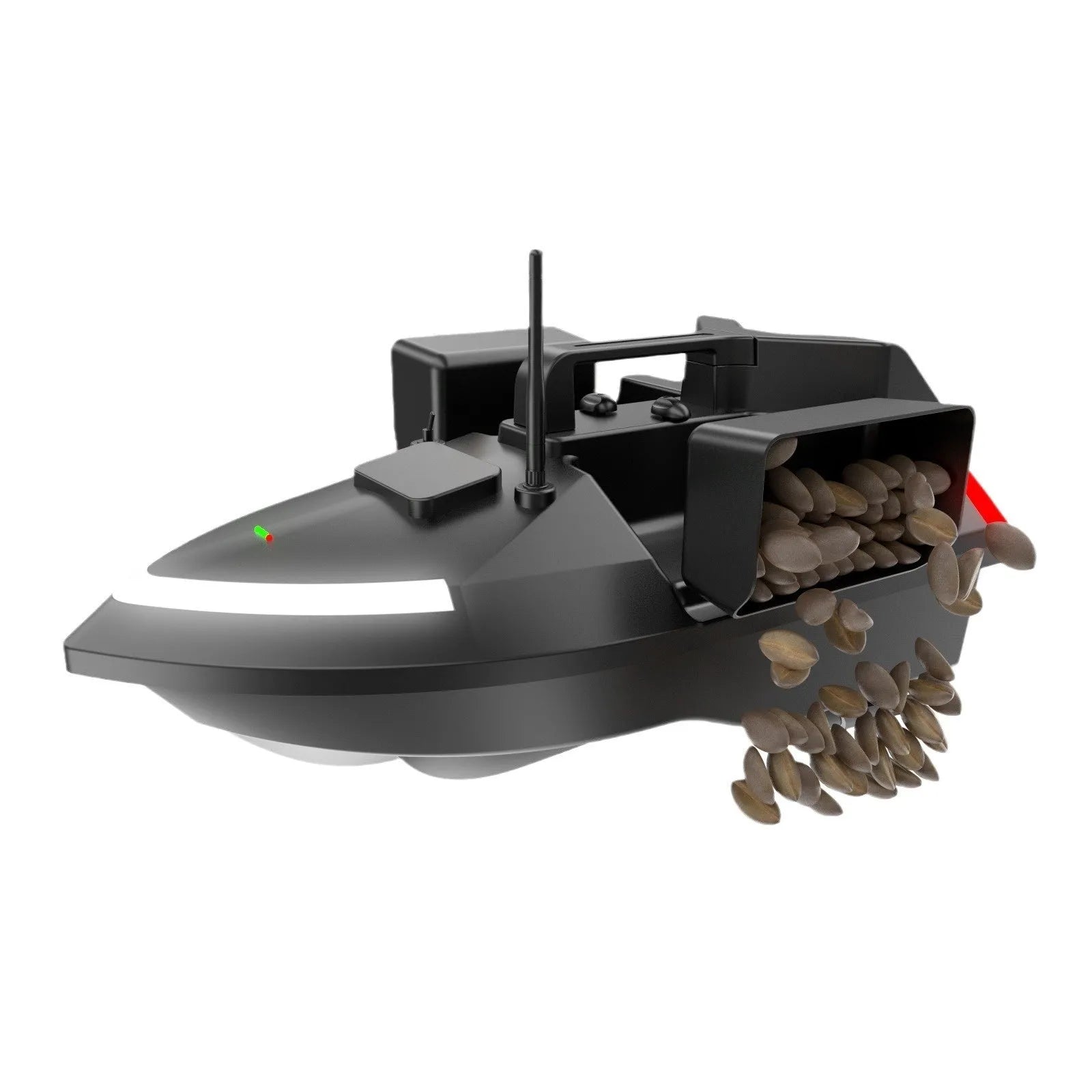 GPS remote control fishing boat in black or luminous yellow with remote control and handbag.