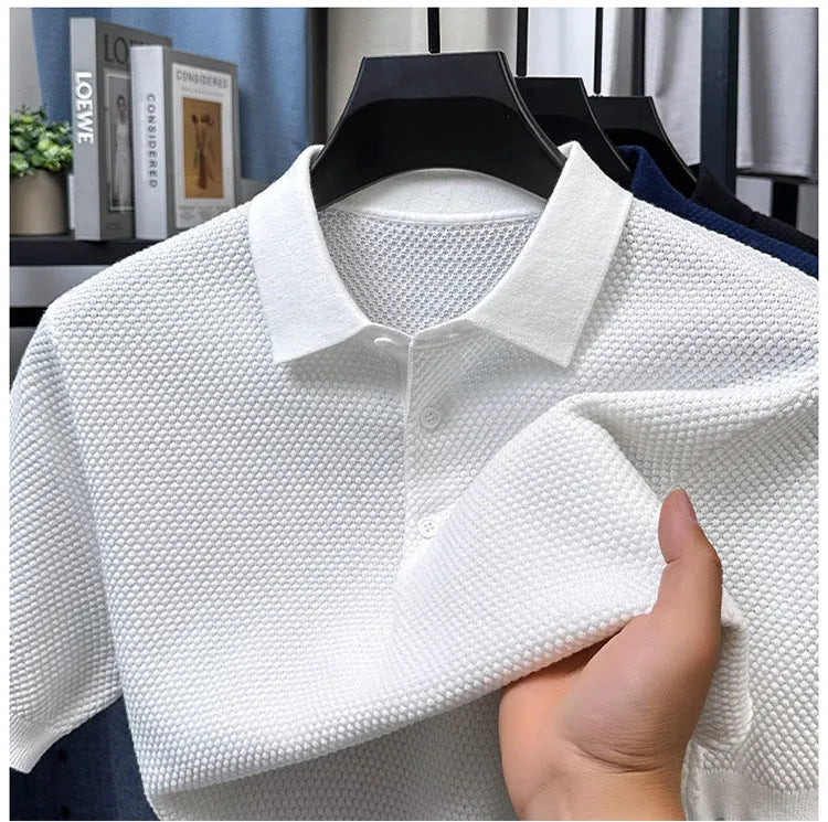 Men's loose fit short sleeve cotton pullover sweater in grey, showing relaxed casual style
