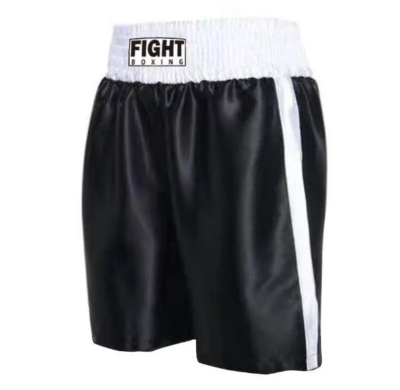 Black and white striped waist kickboxing shorts with side splits on a mannequin.