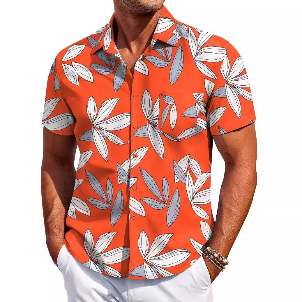 Men's slim fit Hawaiian short sleeve shirt in elastic polyester fabric