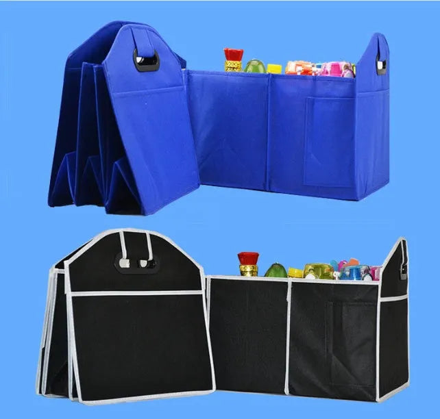 Car storage box built-in case folding box non-woven black with three compartments and multiple pockets