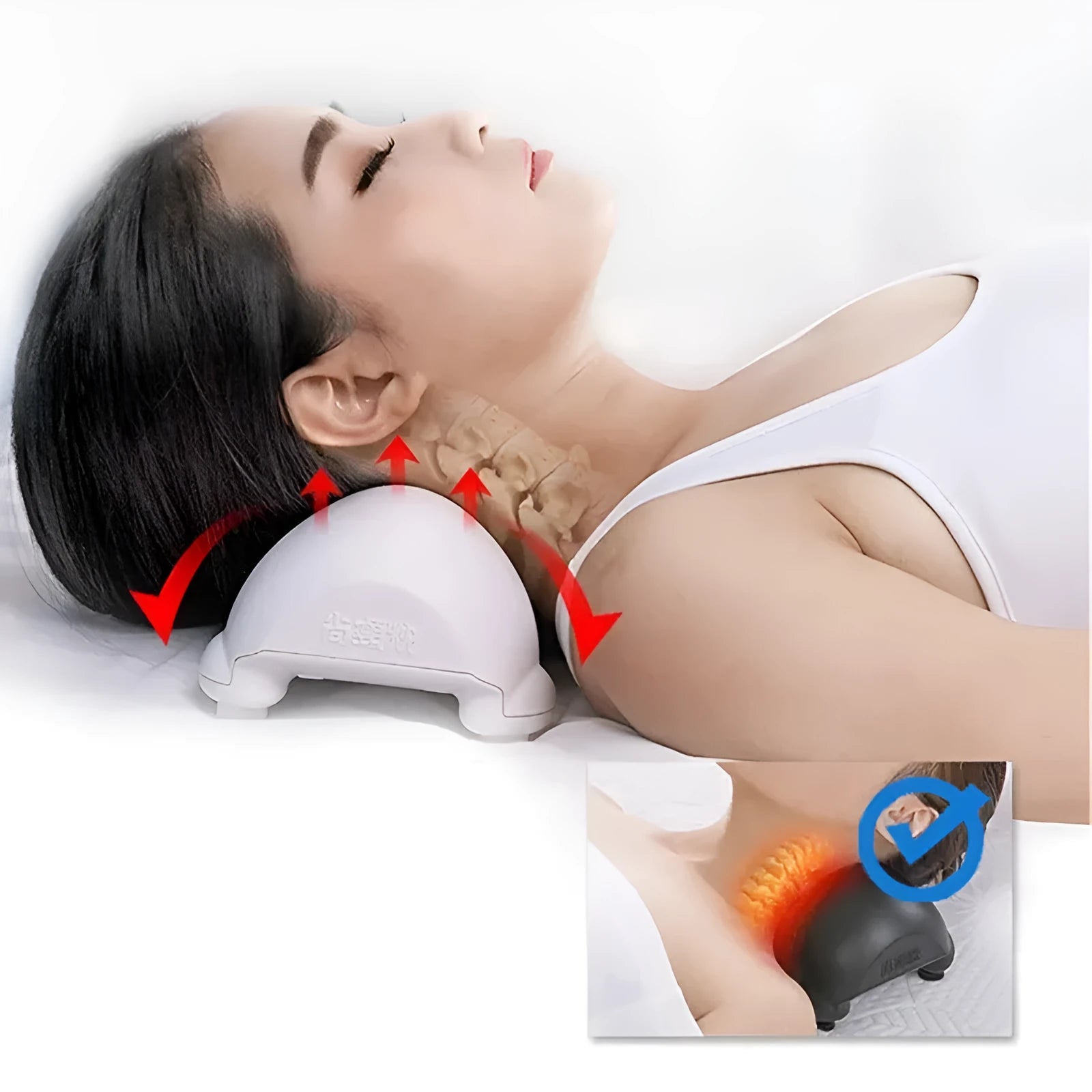 Cervical health neck pillow in black ABS plastic, 24x14.5x10cm, on a plain background