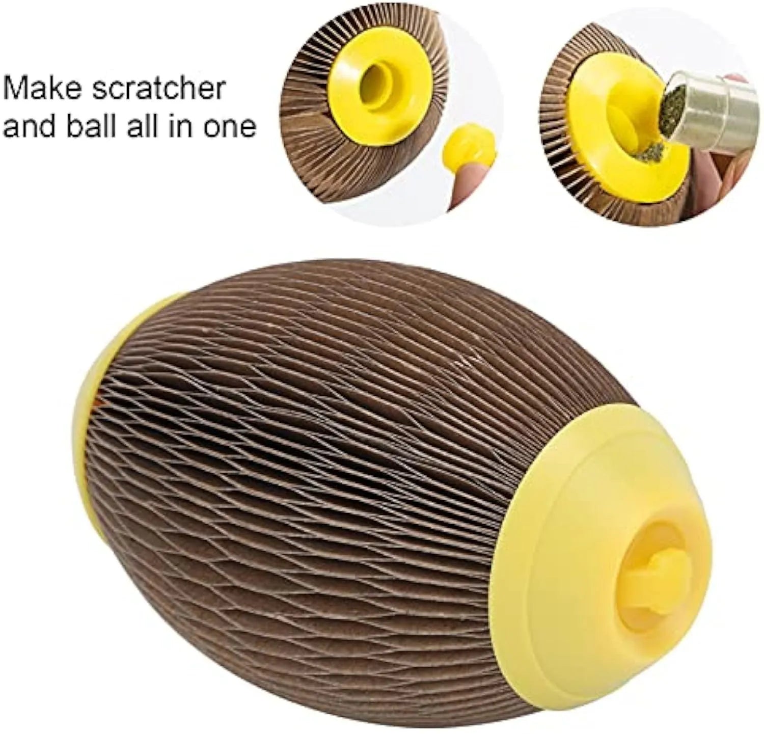 Ellipse-shaped corrugated paper catnip ball and scratch toy for cats on a plain background.