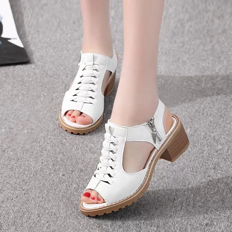 Retro-style women's sandals with a side zipper and a mid-height heel.