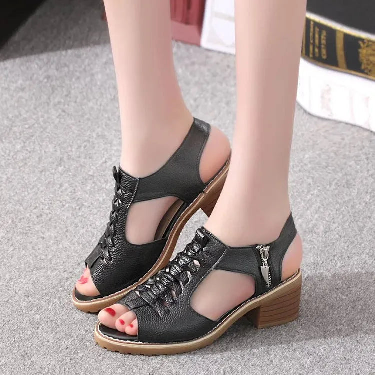 Retro-style women's sandals with a side zipper and a mid-height heel.