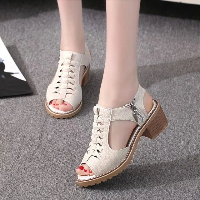 Retro-style women's sandals with a side zipper and a mid-height heel.