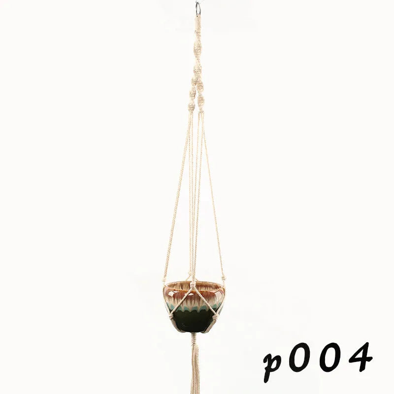 Woven wire cotton rope plant hanger macramé pot holder in European American village style