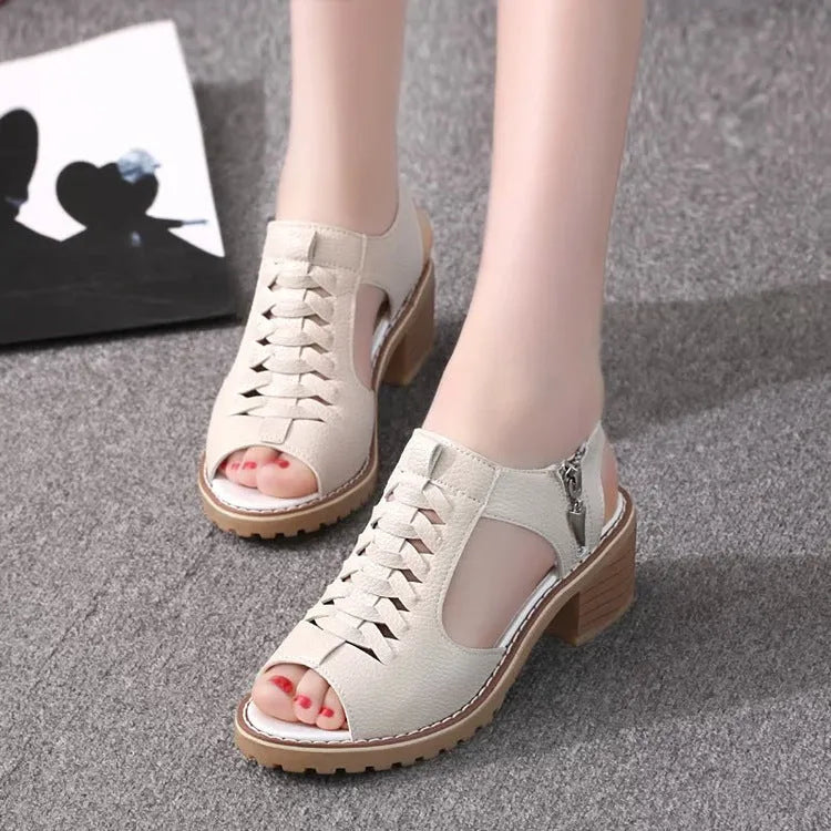 Retro-style women's sandals with a side zipper and a mid-height heel.