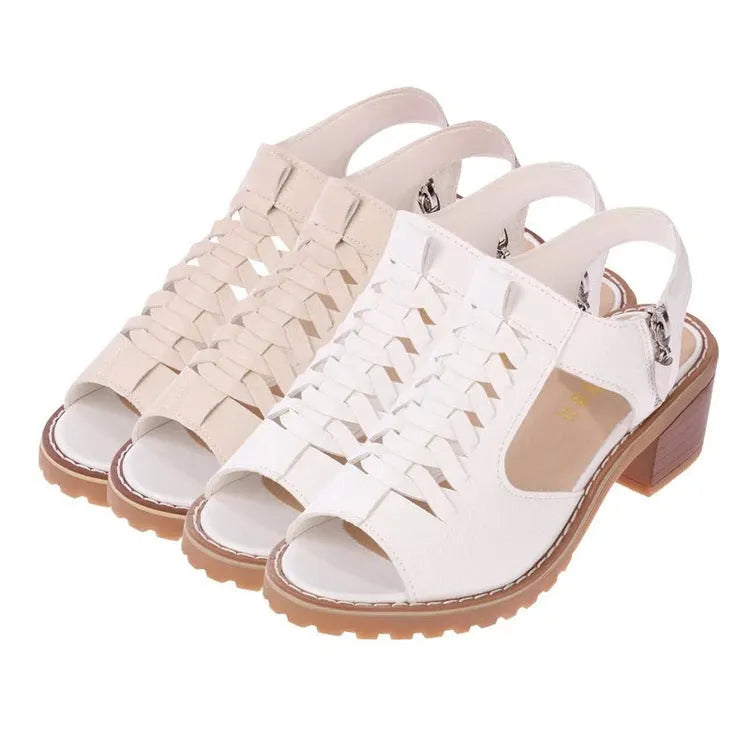 Retro-style women's sandals with a side zipper and a mid-height heel.