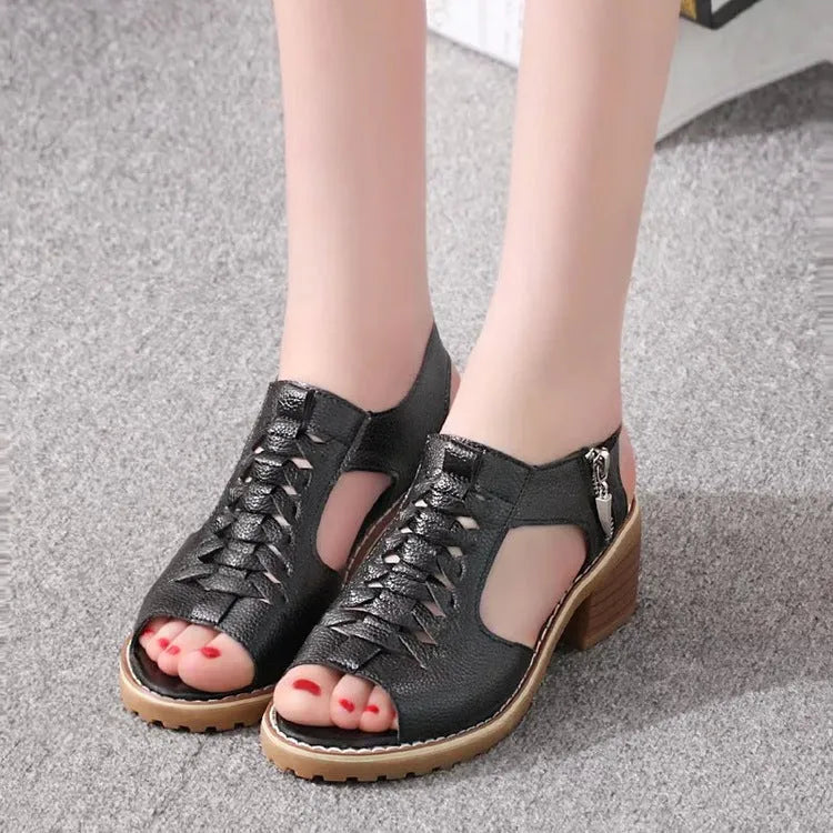 Retro-style women's sandals with a side zipper and a mid-height heel.