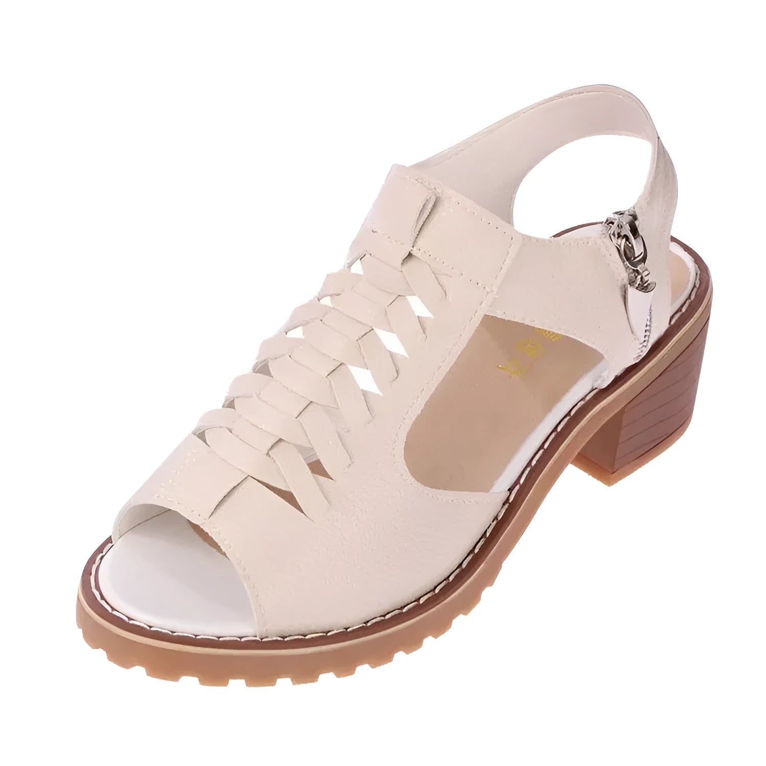 Retro-style women's sandals with a side zipper and a mid-height heel.