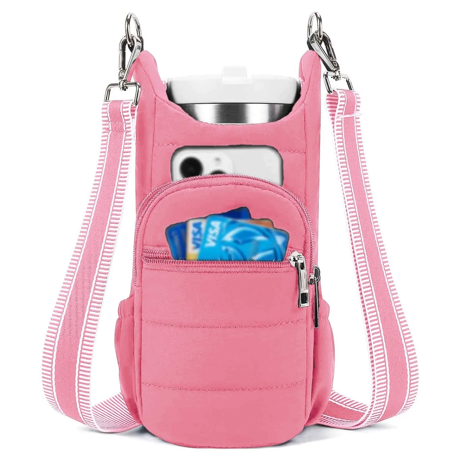 Cloth bicycle water bottle bag in black, pink and beige colours for kettle or bottle storage