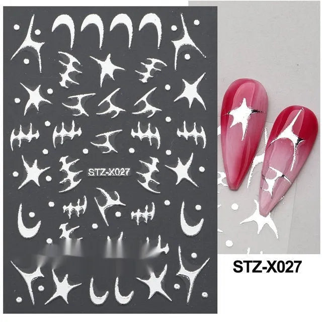 Pack of black and silver striped nail art stickers with cartoon and love pattern designs.