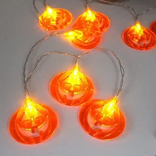 Halloween LED string lights with pumpkin, ghost and bat pendants on 1.2 metre white cord