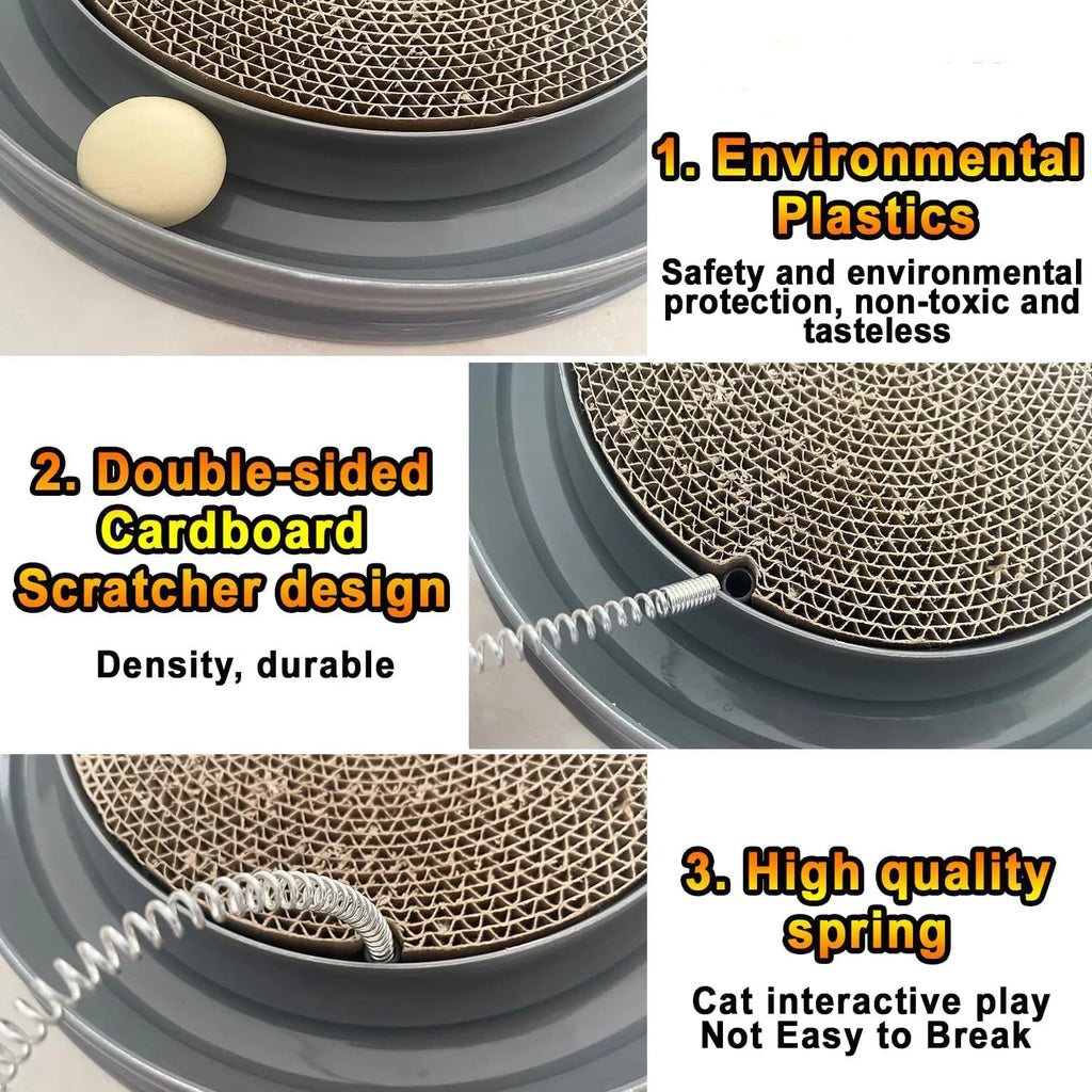 Blue circular cat scratcher with ball track and replaceable cardboard centre
