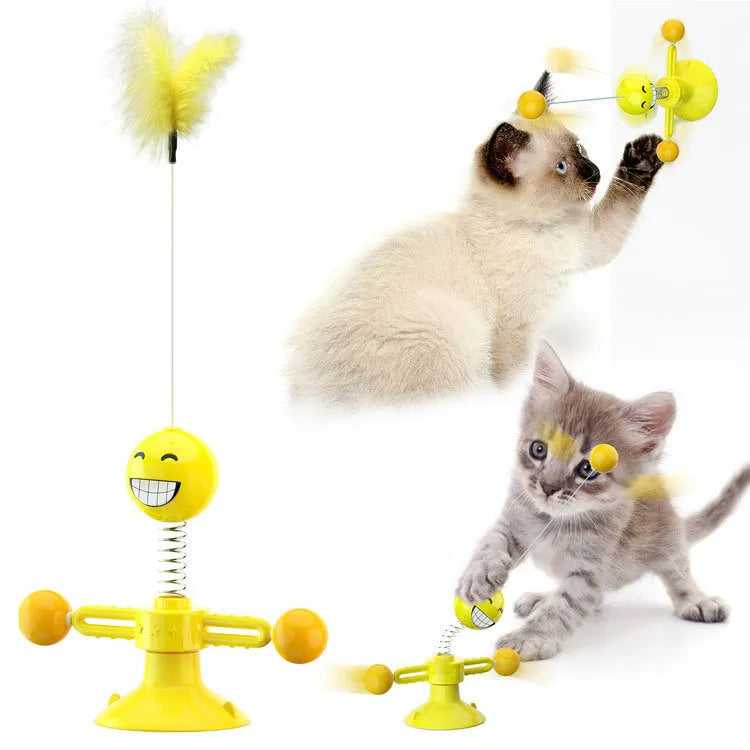 Cat rotating windmill toy with suction base on floor, two transparent bins, luminous ball, teeth grinding function, blue yellow green colour