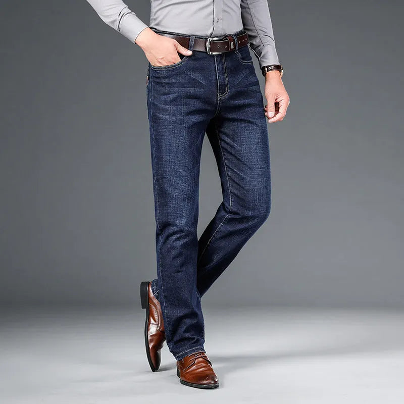 Men's straight-leg elastic business trousers in dark blue cotton denim, mid-waist, sizes 29-42