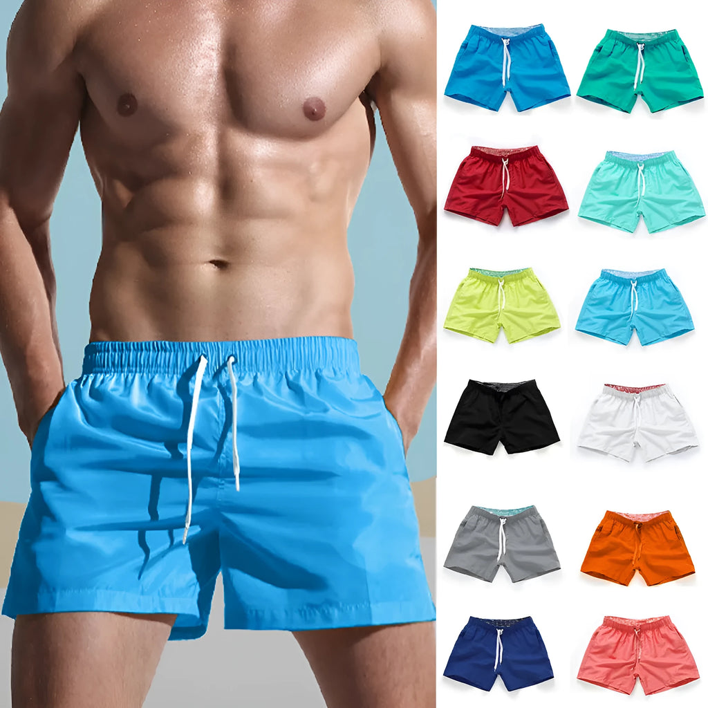 Men's straight leg polyester board shorts on a hanger, available in multiple colours and plus sizes.