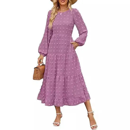 Women's solid colour long sleeve dress with ruffled sleeves and high waist in autumn colours