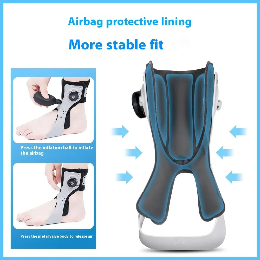 Grey ankle support brace showing airbag button system and hook-and-loop fastening for adjustable compression