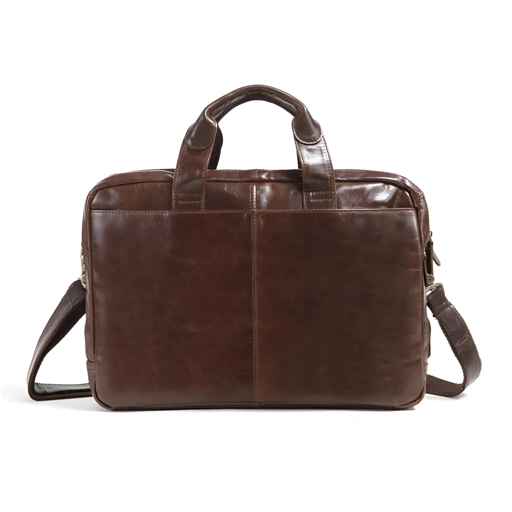 Brown men's business briefcase made from first layer cowhide leather, 18-inch size.