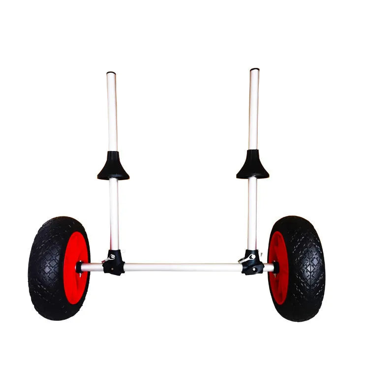 Foldable aluminium kayak beach trailer with upright plug-in pole platform for transporting boats