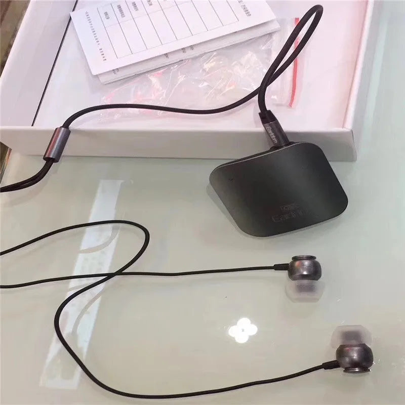Bluetooth audio receiver running headphones with lavalier design in black, grey, and red colour options