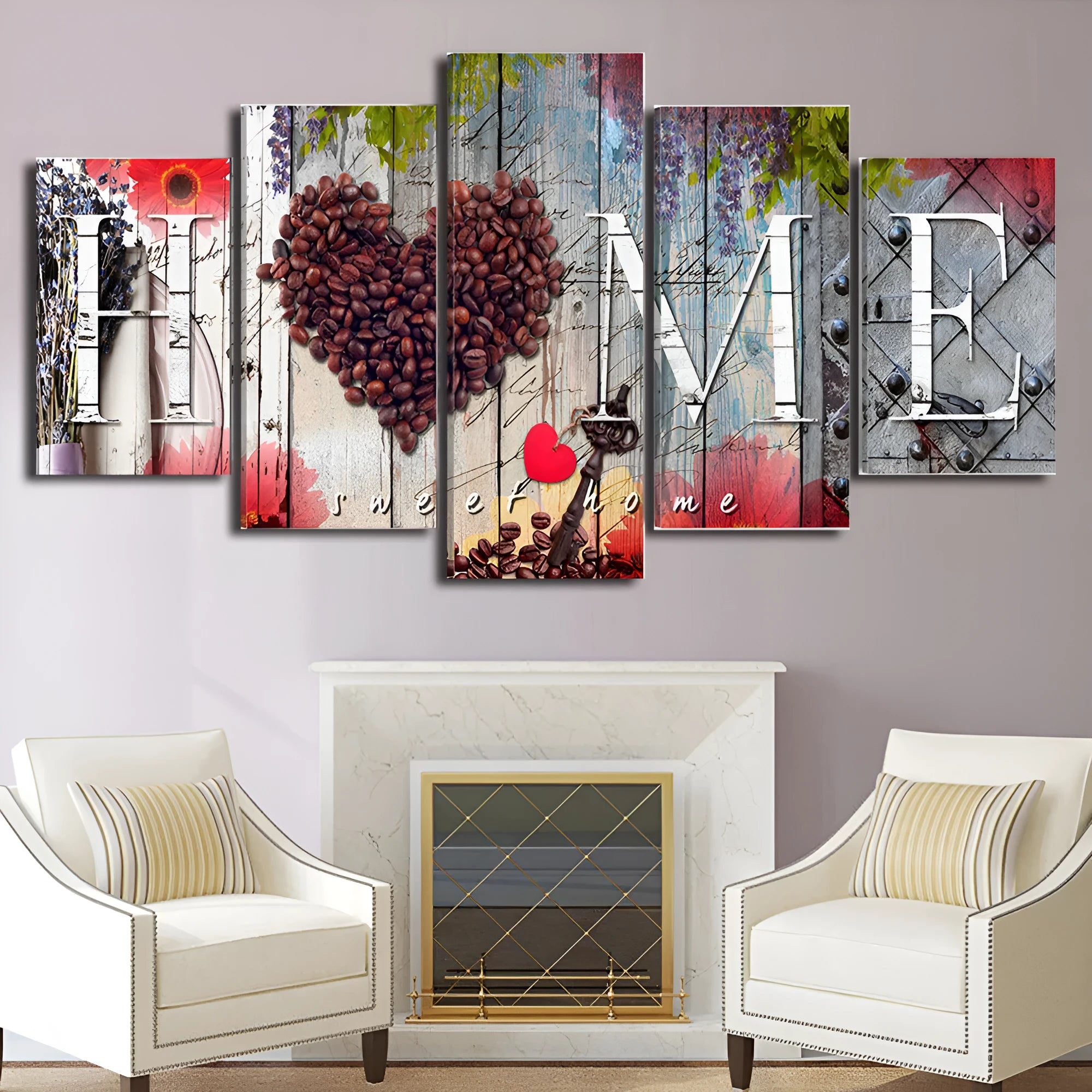 Set of five red oil painting decoration boards in progressive sizes on wall display