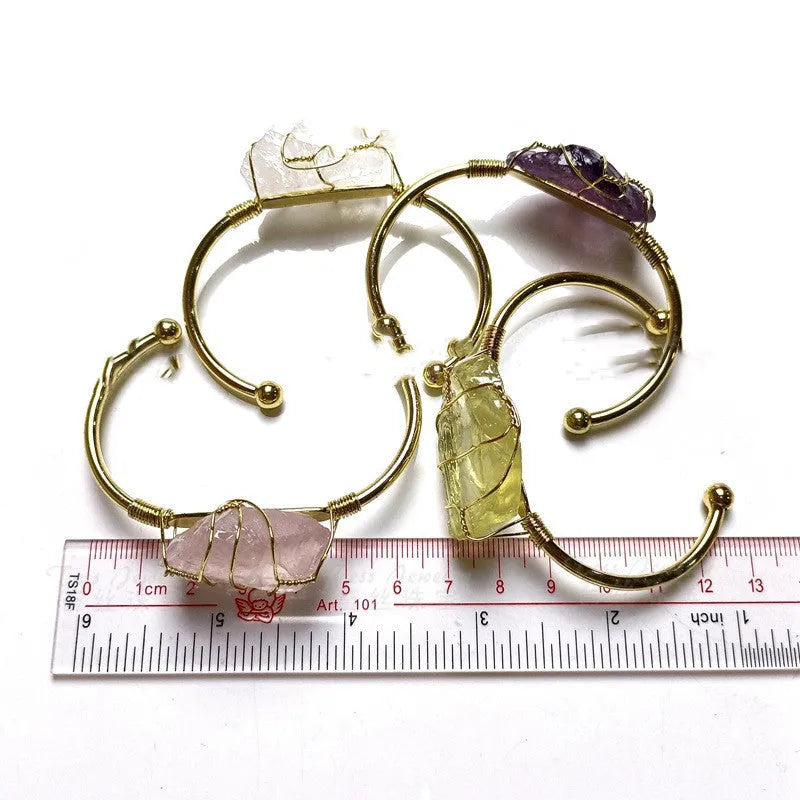 Natural rough crystal bracelet with gold wire winding in geometric bohemian design
