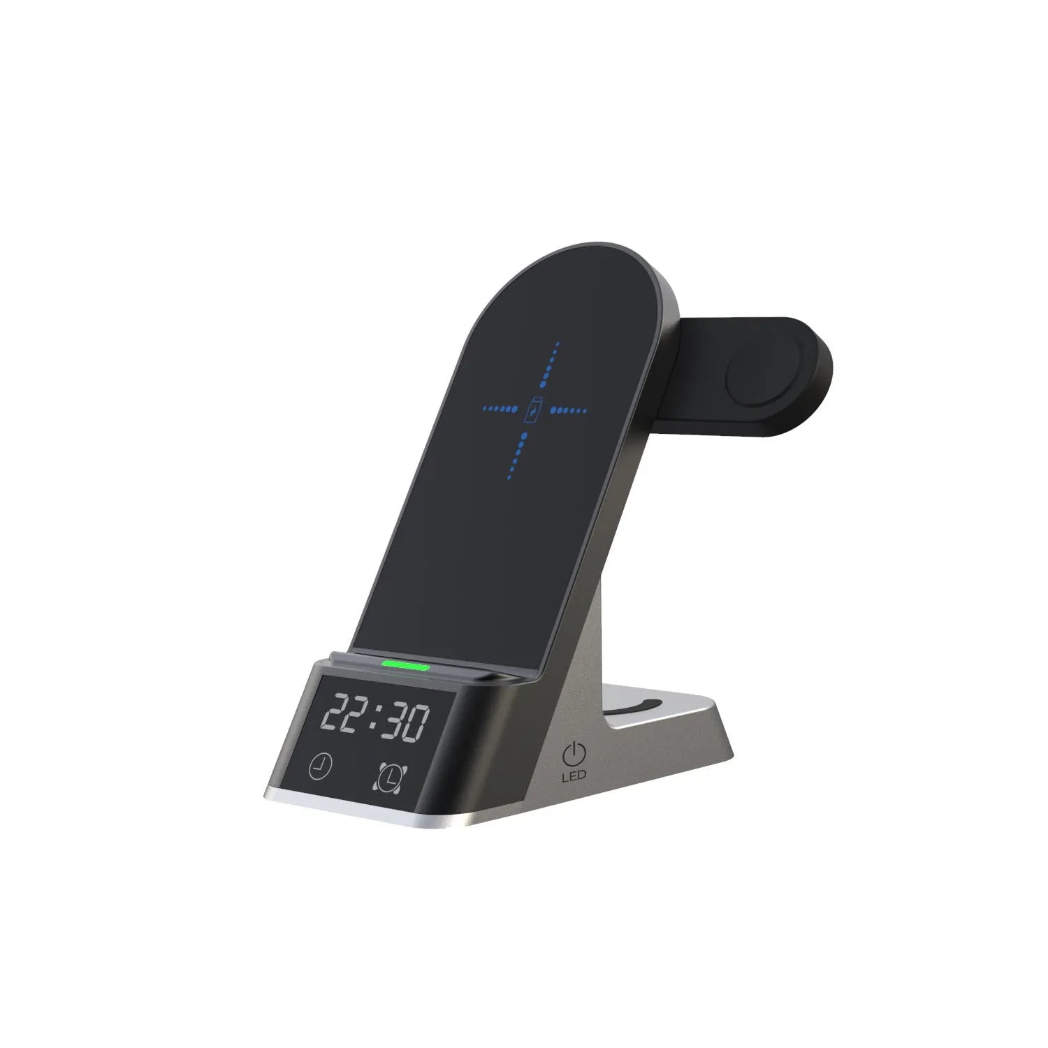 Black six-in-one wireless charging alarm clock station with digital display charging smartphone and Apple Watch